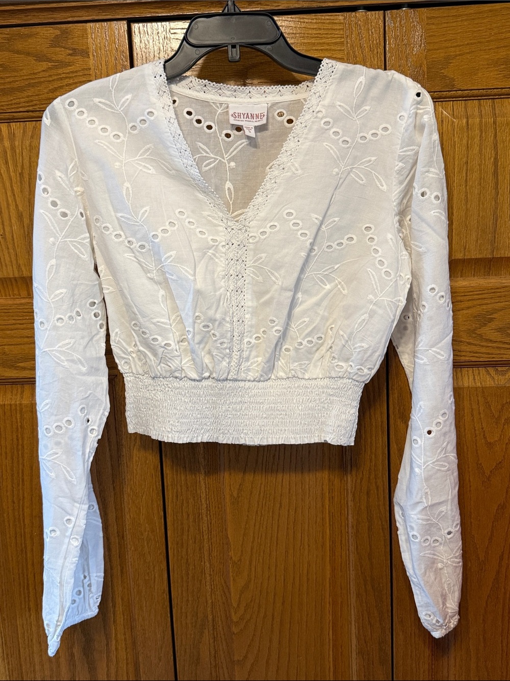 Shyanne White Eyelet V-Neck Smocked Crop Blouse
